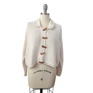 Vintage RICO White Knit Cardigan Sweater Wooden Toggle Buttons 100% Cotton